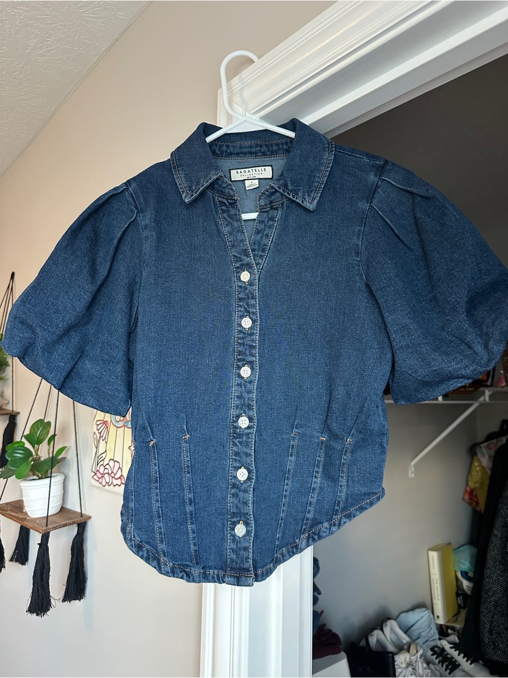 bagatelle Dark Blue Denim Button-Front Puff Sleeve Shirt